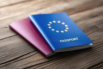European Union Passport On Wooden Table. Blue And Burgundy Travel Document Closeup. High Detail Macro Shot For Citizenship, Immigration, Visa, Border Control Themes