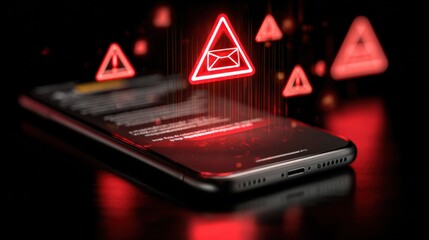 Red warning icons with an envelope symbol emerge from a smartphone screen on a dark background