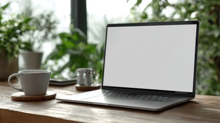Fototapeta premium Open laptop with blank screen on a wooden desk next to a coffee cup and green plants