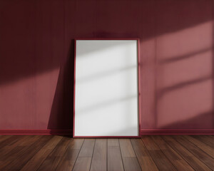 Minimalist Poster Mockup &ndash; White Canvas in Dark Red Frame with Moody Interior, 3D Render