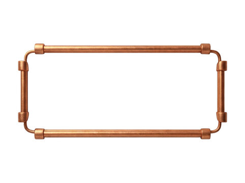 Copper pipe frame isolated PNG on transparent background, metal tubing border with fittings for industrial design and decoration