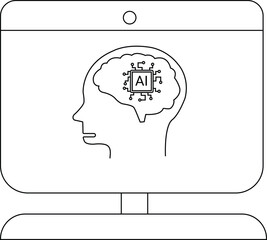 A computer screen displays a human head outline filled with a brain and an AI chip