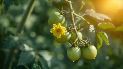 Fresh green tomatoes hanging on the vine in the garden, emphasizing natural ripening process, Earth Day