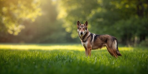 Wolfdog standing on lush green grass, emphasizing natural habitat and wildlife preservation awareness