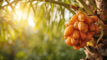 Palm tree branches with green leaves and orange fruit illuminated by morning light, emphasizing natural growth and seasonal change