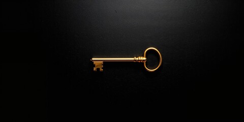 Gold key from house on black background, symbol of homeownership, for real estate security and transaction efficiency