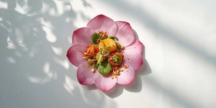 Healthy Thai snack arranged on a lotus petal, emphasizing natural presentation and plant-based ingredients, World Food Day