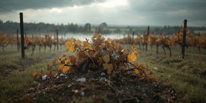 Damaged grapevines from hailstorm, assessing agricultural resilience after weather events