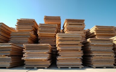 Large piles of cardboard and paper for recycling are stacked high under a blue sky. High quality