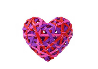 Woven heart made of pink and purple ribbons isolated on transparent background
