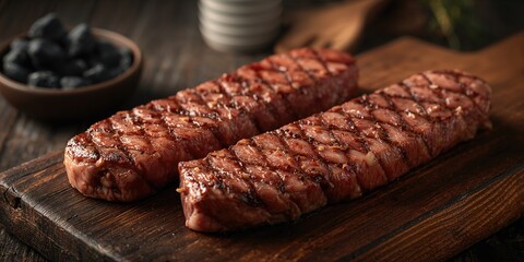 Close-up of barbecue dry aged Kobe roast beef on a grill, emphasizing precision cooking techniques, Earth Day