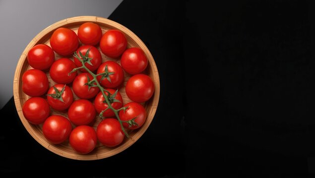 A bunch of whole fresh red cherry tomatoes on a bamboo plate, emphasizing fresh produce for healthy eating, World Food Day - Powered by Adobe