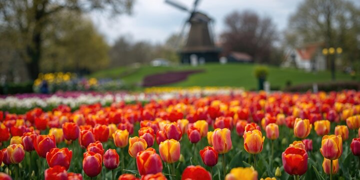 Colorful tulips bloom in a public flower garden with a windmill, highlighting seasonal horticultural display, Earth Day