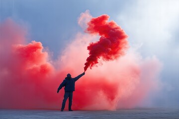 Person Holding Red Smoke Flare In Open Field. Dramatic Signal, Protest, Or Visual Statement Image In Outdoor Environment