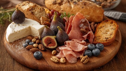Fototapeta premium Wooden board featuring cheese, figs, bread, ham, blueberries, and nuts, protein-rich meal