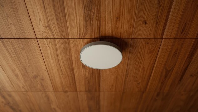 Close up of a recessed ceiling light fixture on a wood-paneled ceiling, emphasizing interior lighting design, Earth Day