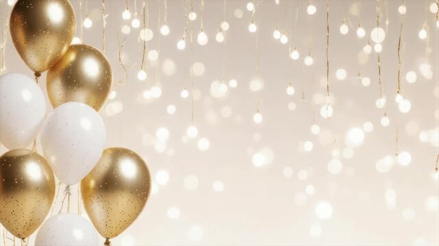 Balloons and lights create a festive atmosphere. Gold and white balloons and string lights
