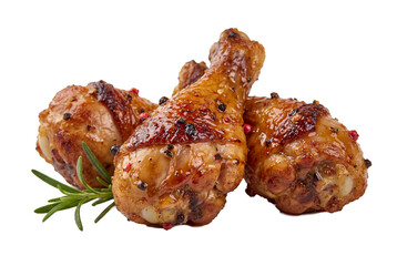 Delicious roasted chicken drumsticks isolated PNG, seasoned with herbs and spices for gourmet food presentations and culinary projects