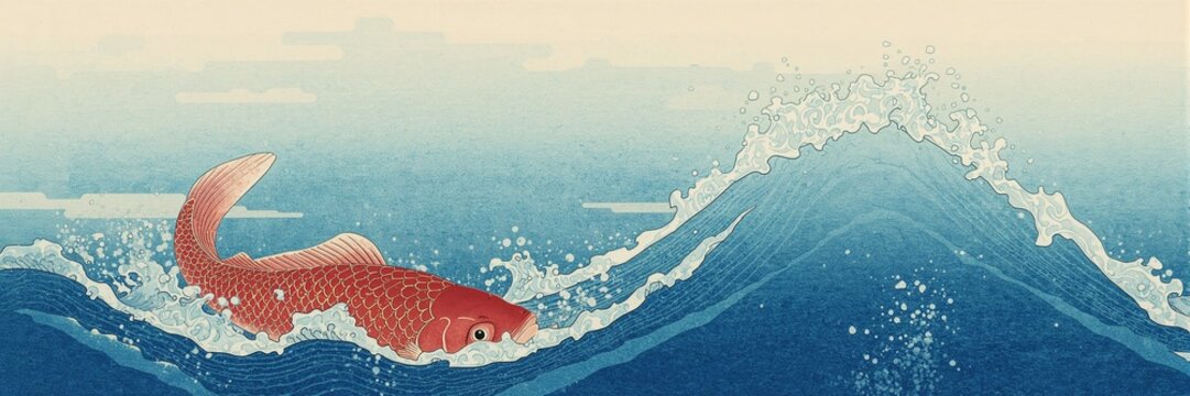 Fototapeta Japanese ukiyo-e style of carp, traditional woodblock print emphasizing flowing lines and vibrant colors, cultural heritage day