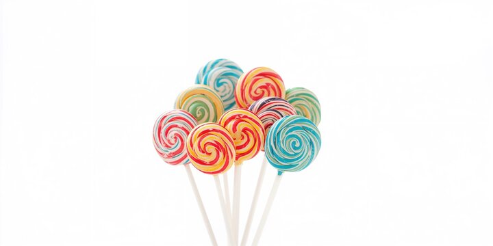 Close-up of colorful lollipops arranged in a display, highlighting bright hues and glossy textures, suitable for candy packaging backgrounds - Powered by Adobe