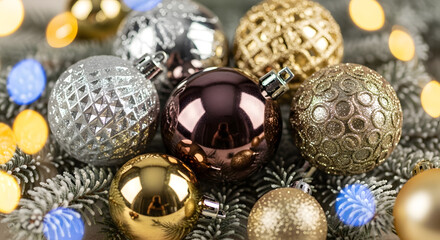 Close-up of Christmas ornaments in gold, silver, and brown on a pine branch with blurred lights in the background.