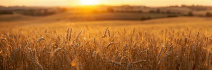Fototapeta premium Agriculture landscape with ears of golden wheat, ready for harvest, emphasizing seasonal change