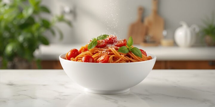 Wholesome Mediterranean pasta served in a white bowl, emphasizing fiber-rich ingredients and balanced nutrition, World Food Day