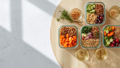 Vegan meal prep with snack containers, emphasizing nutritious and fiber-rich food choices for weekly planning