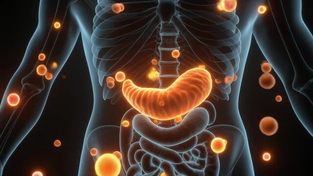 Animated 3D human digestive system, showcasing pancreatic cells producing glowing particles.