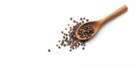 Wooden spoon and peppercorn on white background, emphasizing kitchen utensil safety and cleanliness
