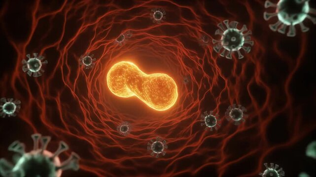 Microscopic animation of a virus replicating inside a cell, surrounded by other virus particles.