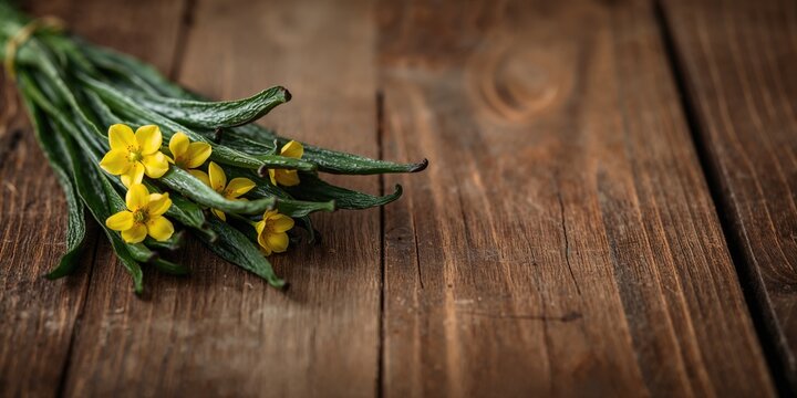 Vanilla pods and flowers on a wooden table used for culinary flavoring, natural ingredients for baking and dessert preparation