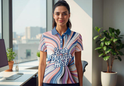 Polo Shirt Mockup On Woman In Office Space