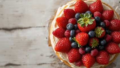 Close-up of a layered cake topped with strawberries, raspberries, and blueberries, emphasizing fresh fruit decoration, dessert presentation, and summer season, Earth Day
