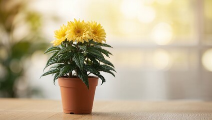 Potted chrysanthemum plant, vibrant floral display, potential indoor decor enhancement