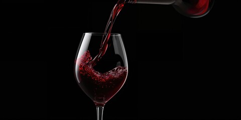 Red wine being poured into a glass against a black background, emphasizing beverage presentation