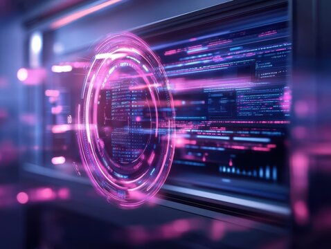 Digital interface displaying data streams and interactive visuals in a futuristic environment at night