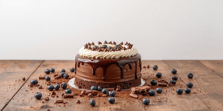 Chocolate cake topped with chocolate chips and white cream on a brown table, emphasizing dessert presentation