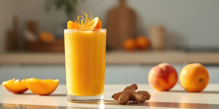 Glass orange smoothie with peach, ginger, and orange slices, emphasizing fresh ingredients and beverage preparation - Powered by Adobe
