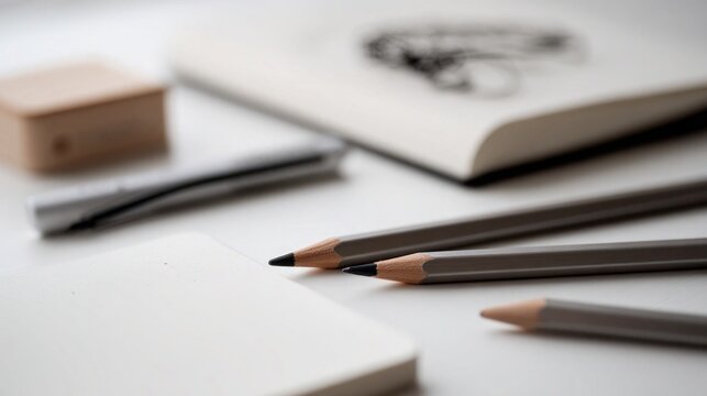 A collection of art supplies including pencils, a sharpener, and a sketchbook on a white surface.
