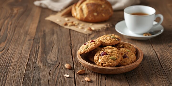 Oat cookies with almond, currant, sunflower seed on wooden dish, emphasizing healthy snack options, World Food Day