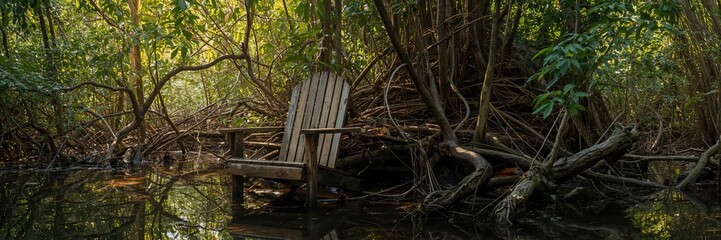 A chair placed in a mangrove forest setting, emphasizing natural environment for relaxation or contemplation