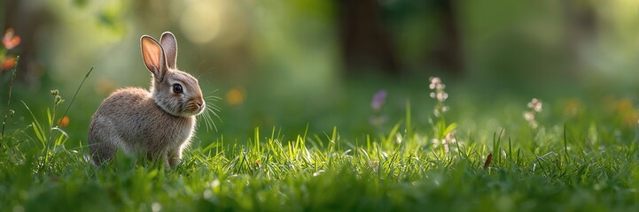 Fototapeta premium Gray rabbit with long ears in a natural setting, emphasizing its alert posture for wildlife observation.