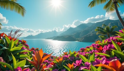 Tropical Landscape Serene Ocean View with Vibrant Flowers and Lush