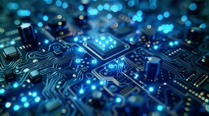 Abstract digital circuit board with connected lines on navy blue tech background for ai innovation