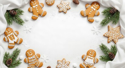 Festive gingerbread cookies flat lay with pine branches, pinecones, and snowflakes on white, ideal for holiday greetings and winter celebrations
