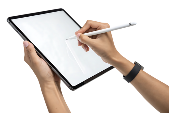 Hands, holding a tablet computer and using a stylus to draw or write on the screen, cutout, PNG isolated on white or transparent background