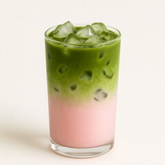 Iced layered matcha latte with strawberry milk. Refreshing cool drink. Creative beverage for cafe menu design, summer.