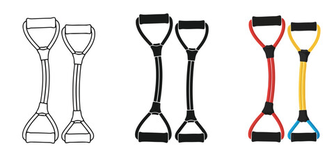 Resistance bands Three styles vector set line art, silhouette and color version for exercise, fitness equipment for strength training and physical therapy at home