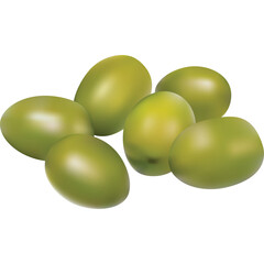 A Group Of Six Fresh Green Olives With Smooth Surfaces And A Slight Shine Placed Together On A Clean Transparent Background Isolated Studio Shot